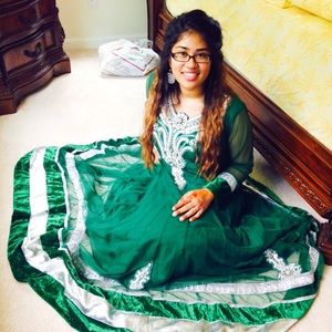 GREEN ANARKALI with SILVER jewels/beads/designs